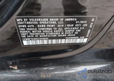 2012 Volkswagen Passat 2.5L Se z USA, uszkodzony, nr VIN 1VWBP7A30CC042934